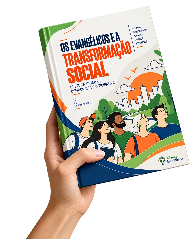 Ebook Os Evangélicos e a Transformação Social, com capa ilustrada de pessoas e uma cidade